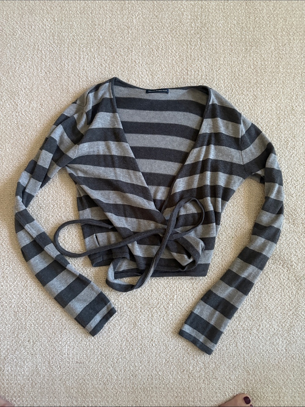 Brandy Melville Striped Gray Wrap-Front Long Sleeve wrap sweater